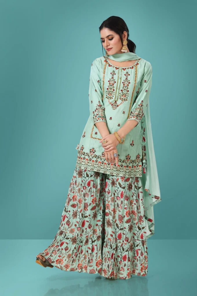 Mint Green Floral Embroidered Sharara Set - Panchali Fashions (Wakad, Pune)