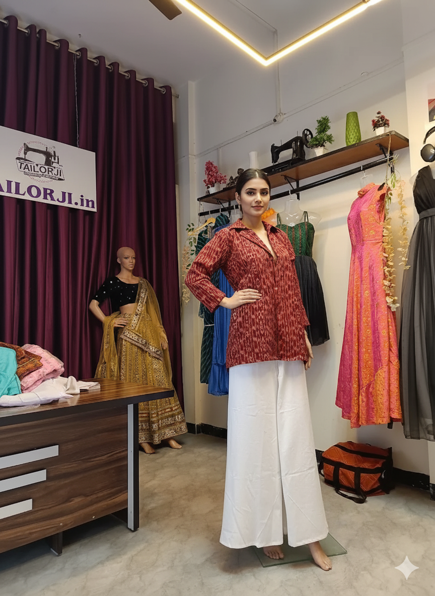 Modern Rust Striped Shirt & White Pants Set - TAILORJI Boutique (PCMC, Pune)