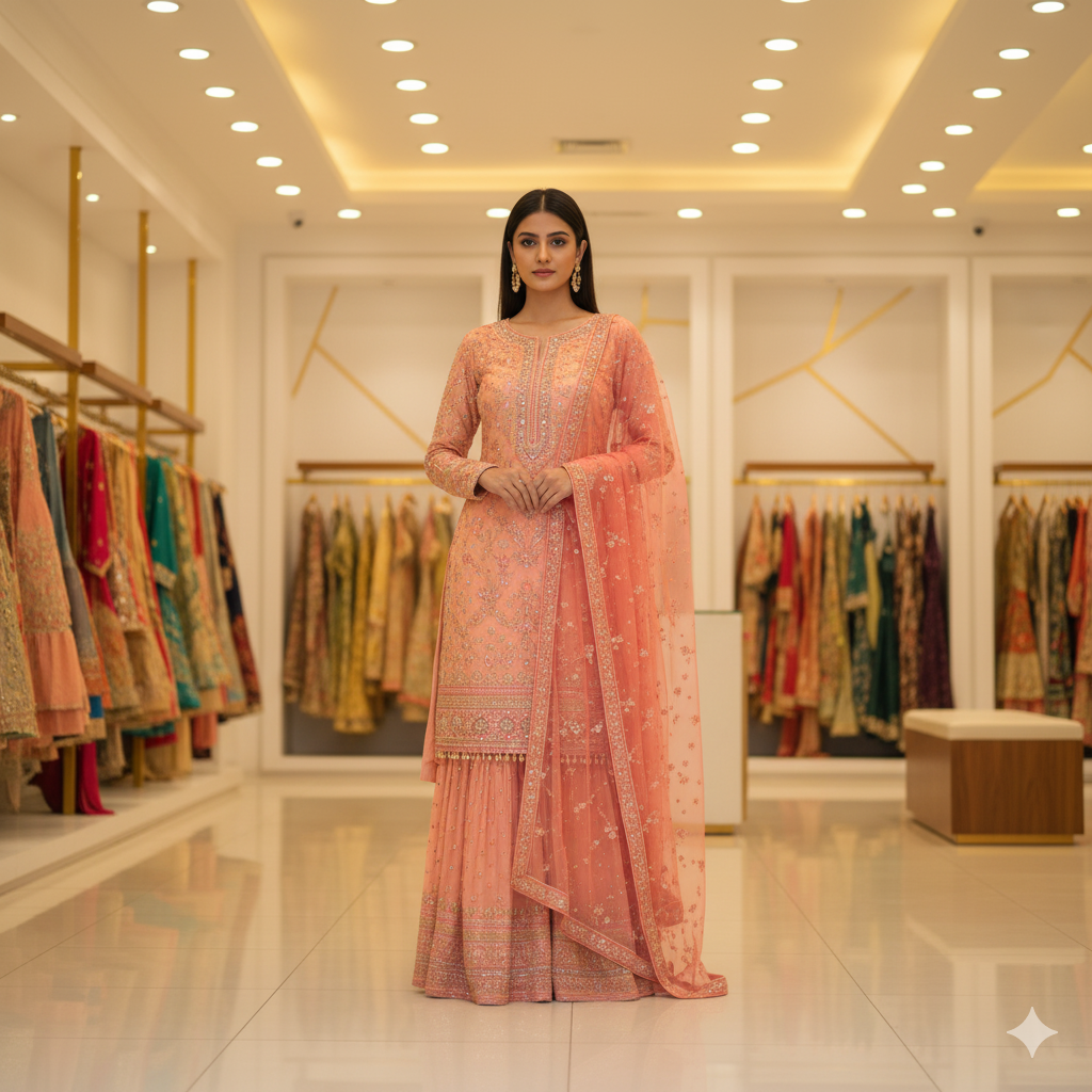 Peach Sharara Suit with Dupatta - Panchali Fashions (Wakad, Pune)