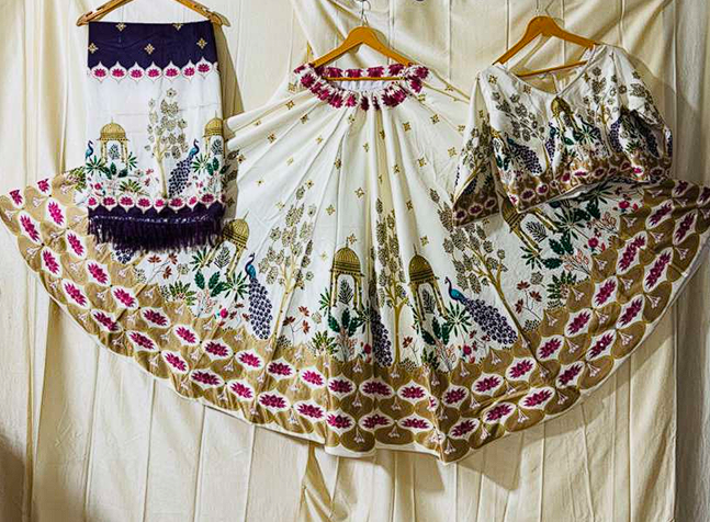 Premium Off-White Dandiya Dress with Majestic Architecture Embroidery