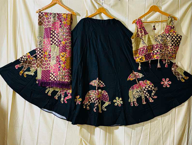 Majestic Black Navratri Chaniya Choli with Golden Elephant Motifs