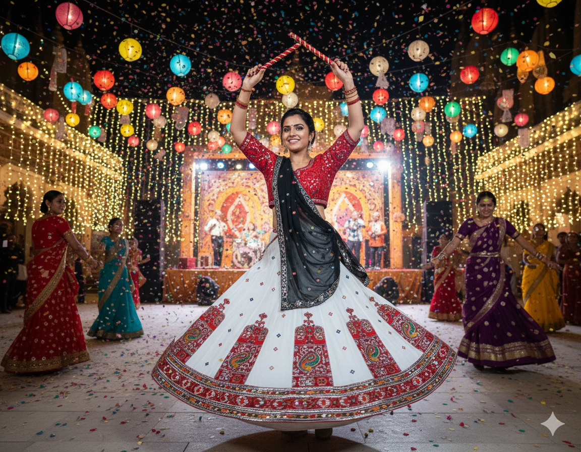 Elegant White & Red Navratri Chaniya Choli with Traditional Paisley Border Design