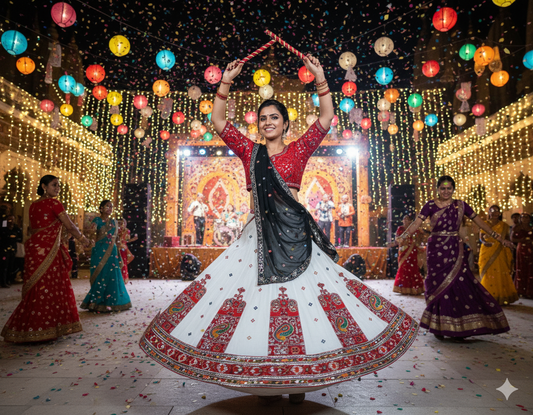 Elegant White & Red Navratri Chaniya Choli with Traditional Paisley Border Design