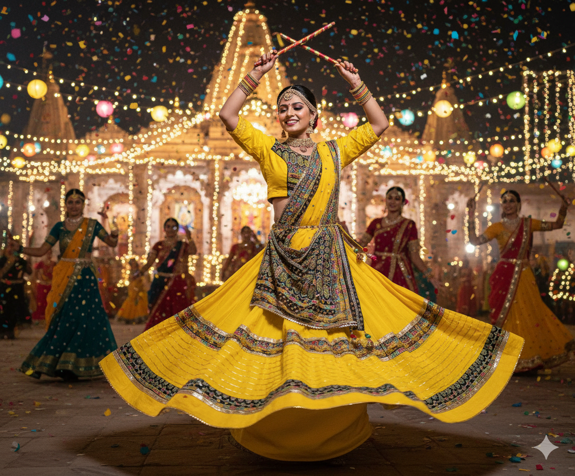 Vibrant Yellow Dandiya Dress with Colorful Traditional Motifs