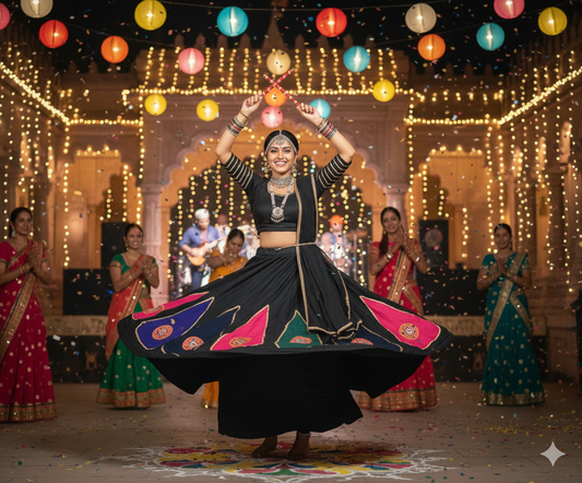 Elegant Black Dandiya Dress with Multicolor Triangle Motifs