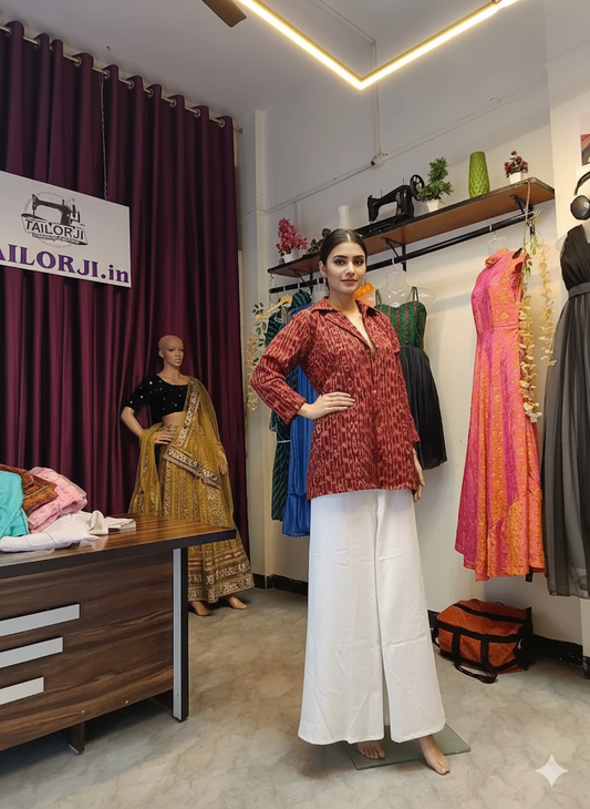 Modern Rust Striped Shirt & White Pants Set - TAILORJI Boutique (PCMC, Pune)