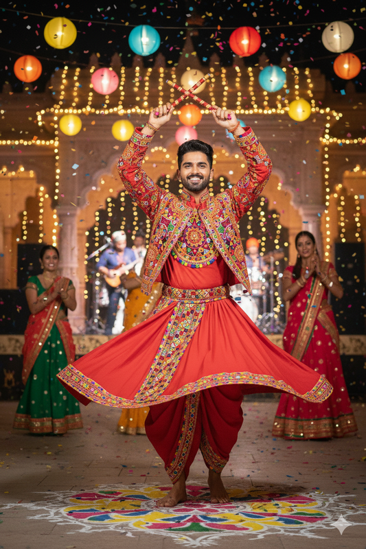 Royal Red Men's Navratri Dhoti Kurta Set with Traditional Gujarati Embroidery