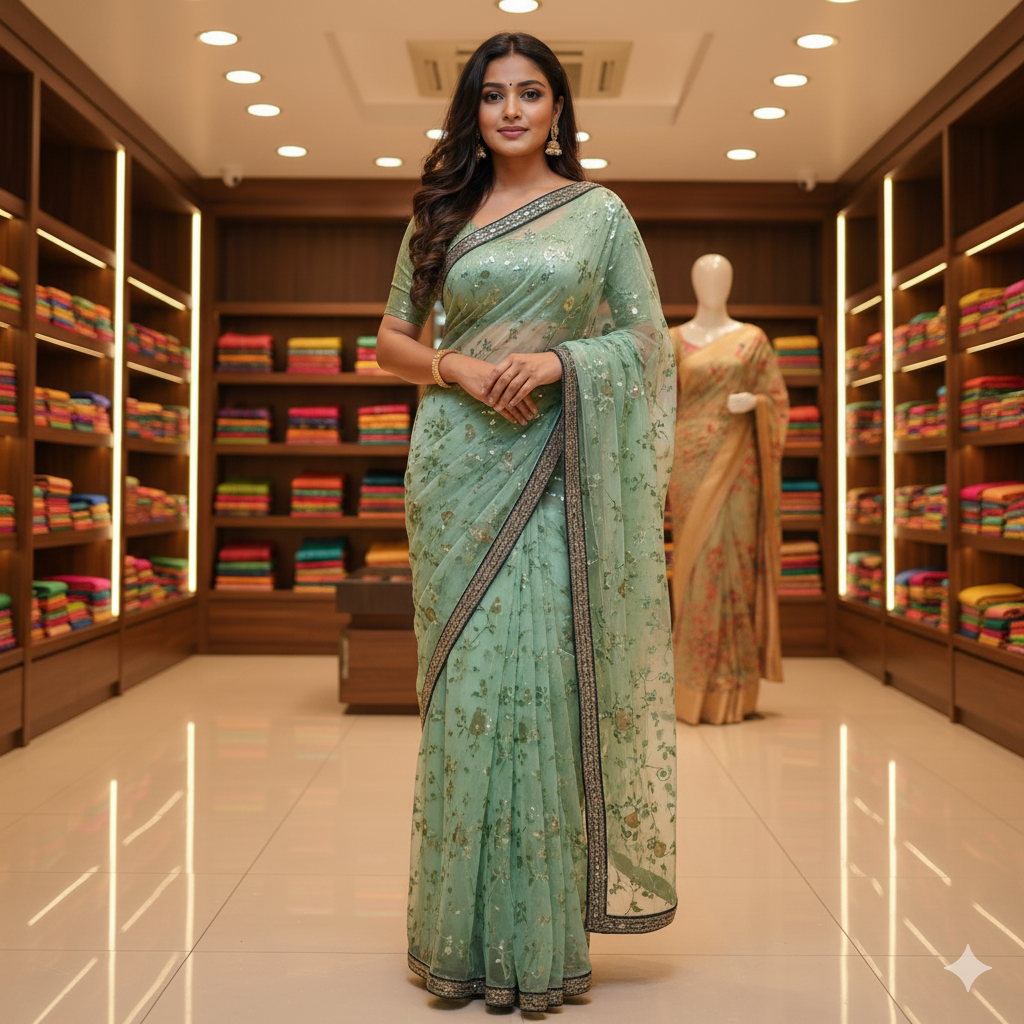 Mint Green Floral Saree - Panchali Fashions (Wakad, Pune)