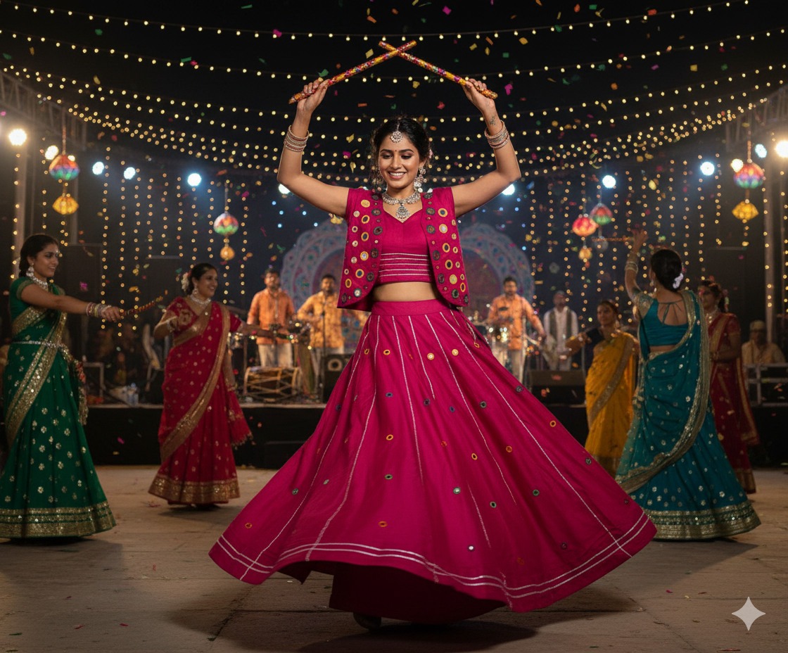 Vibrant Fuchsia Pink Navratri Chaniya Choli with Mirror Work Embellishments