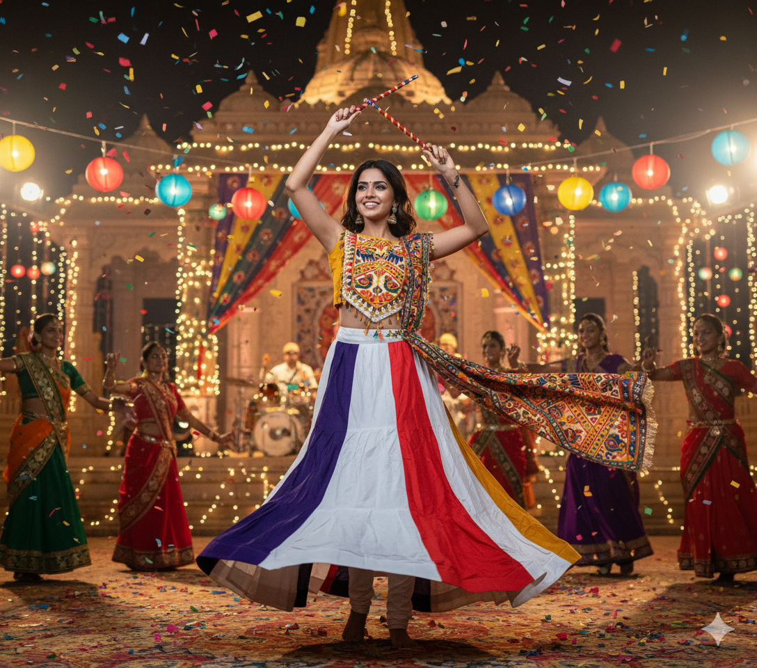 Rainbow Stripe Dandiya Dress with Folk Art Mirror Work