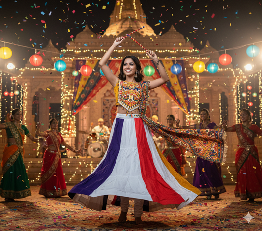 Rainbow Stripe Dandiya Dress with Folk Art Mirror Work