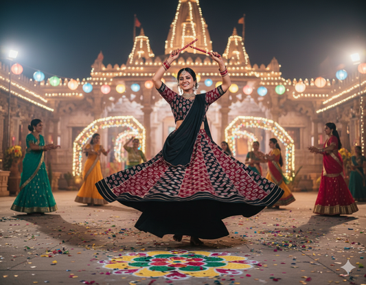 Sophisticated Black Dandiya Dress with Red Folk Motifs