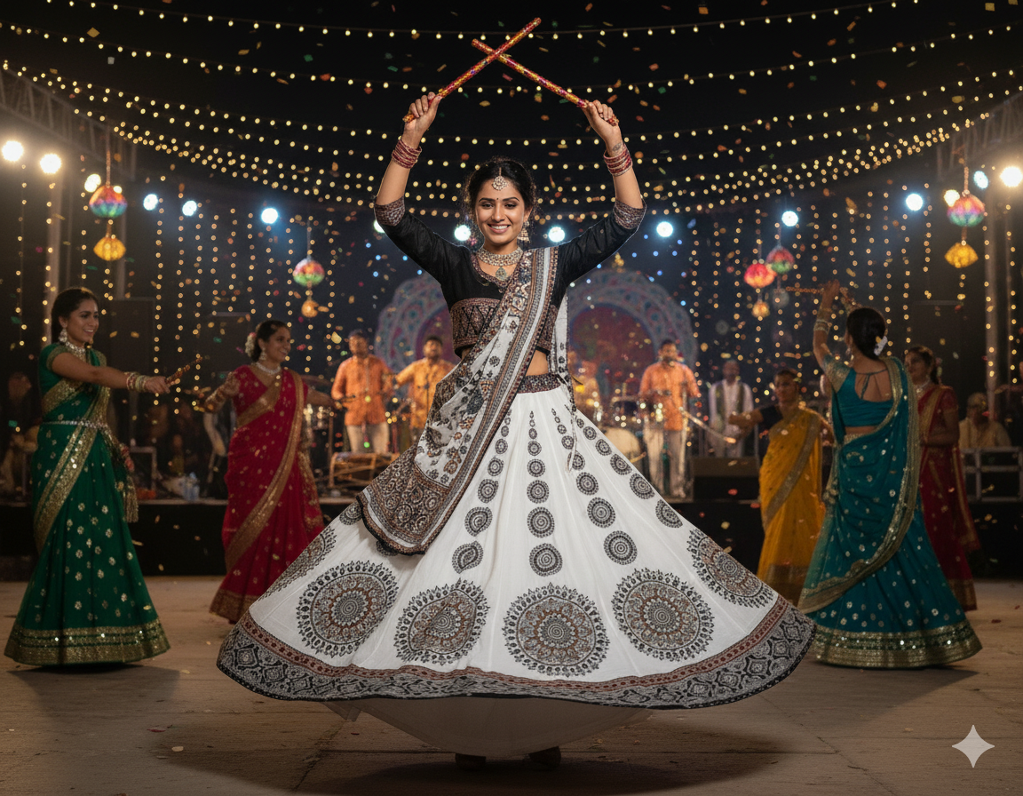 Stunning White Navratri Chaniya Choli with Bold Black Mandala Print