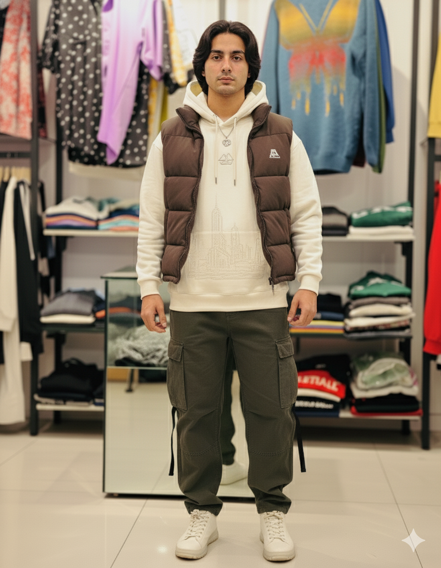 Brown Puffer Vest with Cream Hoodie & Cargo Set - ARMAN CUSTOM WEAR (Dehu road, Pune)