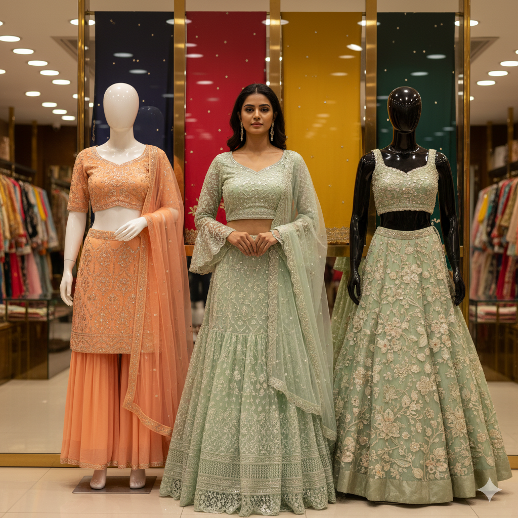 Sage Green Embroidered Lehenga Set - Panchali Fashions (Wakad, Pune)