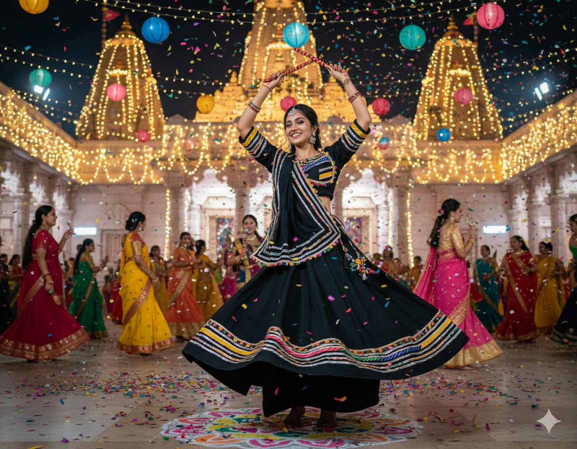 Classic Black Navratri Chaniya Choli with Vibrant Rainbow Striped Border