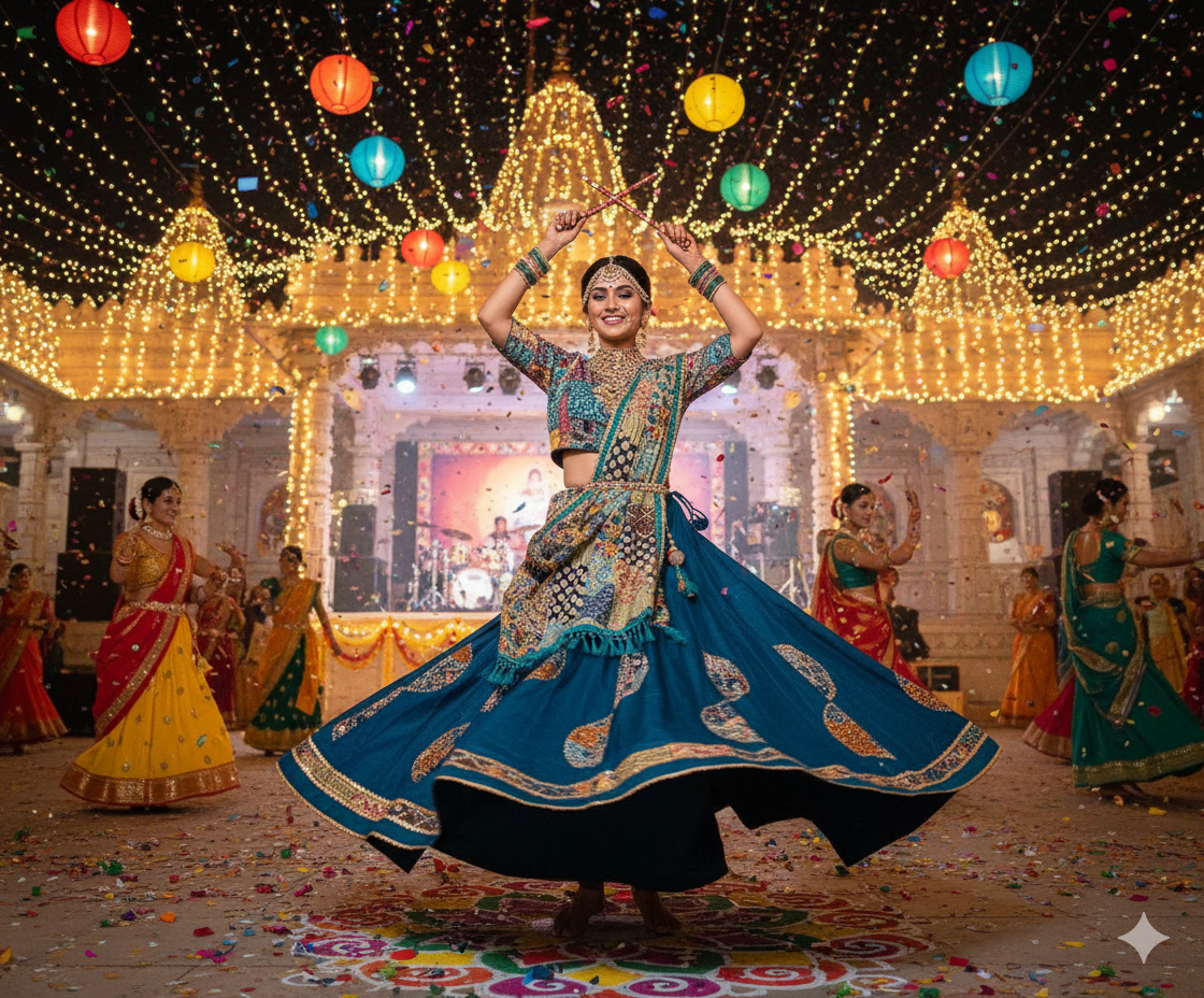 Designer Turquoise Garba Lehenga with Authentic Gujarat Embroidery