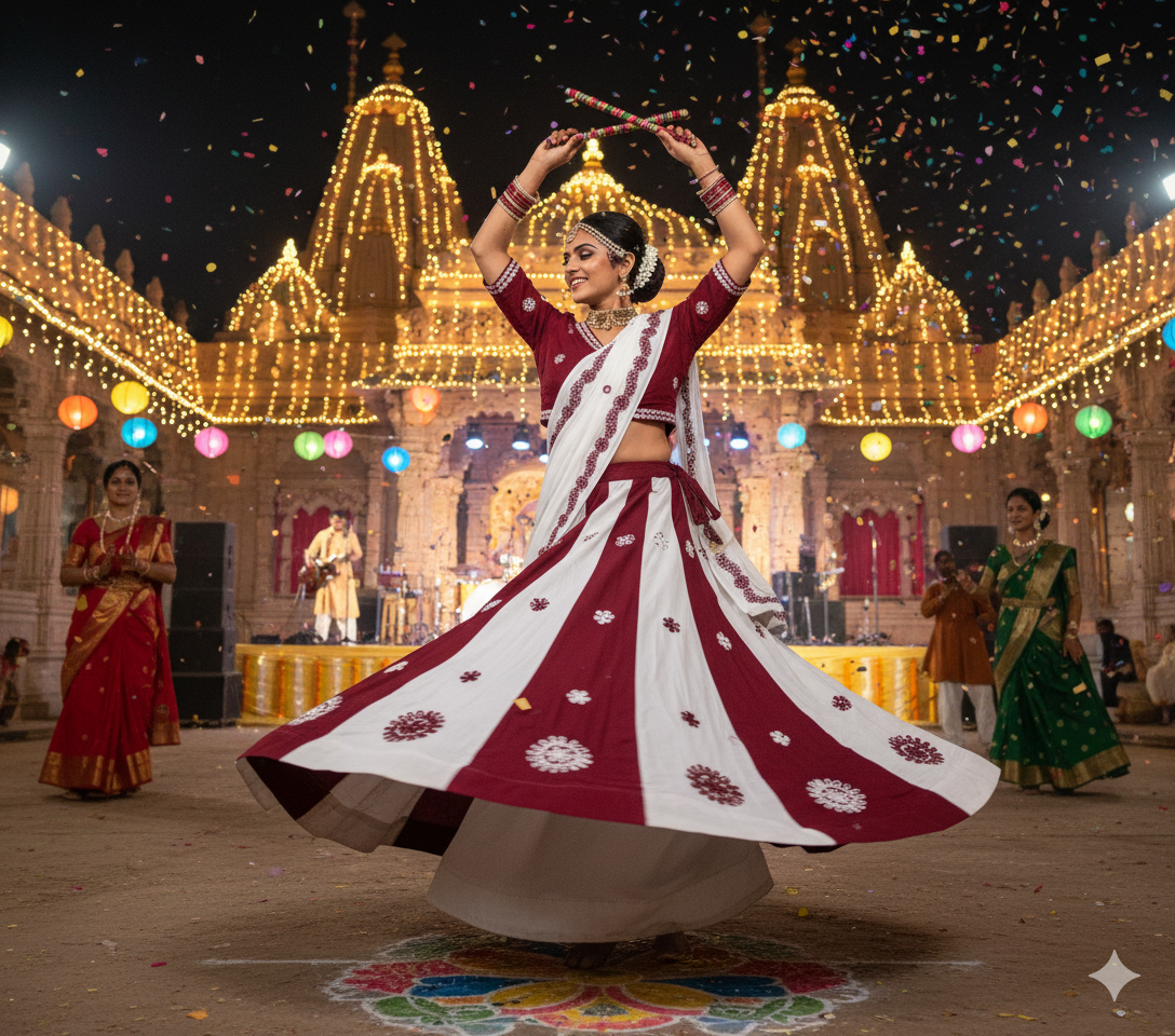 Traditional Maroon Dandiya Dress with White Panel Design