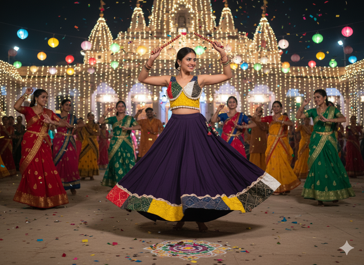 Elegant Purple Navratri Outfit with Kaleidoscope Border