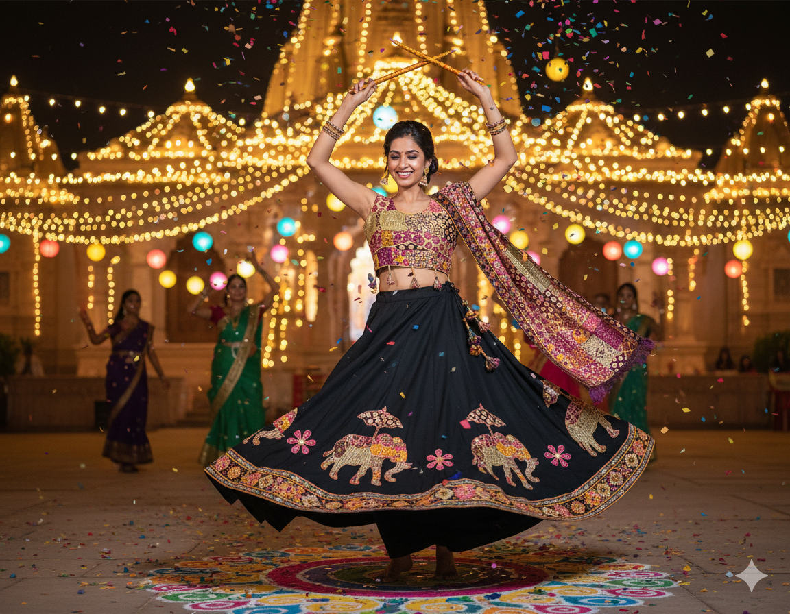 Majestic Black Navratri Chaniya Choli with Golden Elephant Motifs