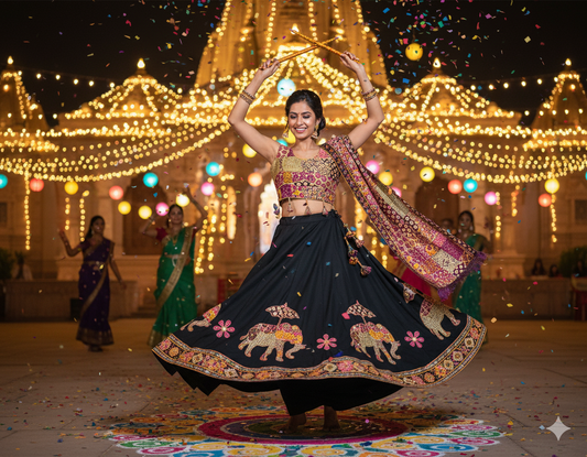 Majestic Black Navratri Chaniya Choli with Golden Elephant Motifs