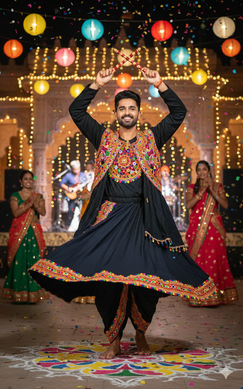 Elegant Black Men's Navratri Dhoti Kurta Set with Vibrant Kutchi Embroidery