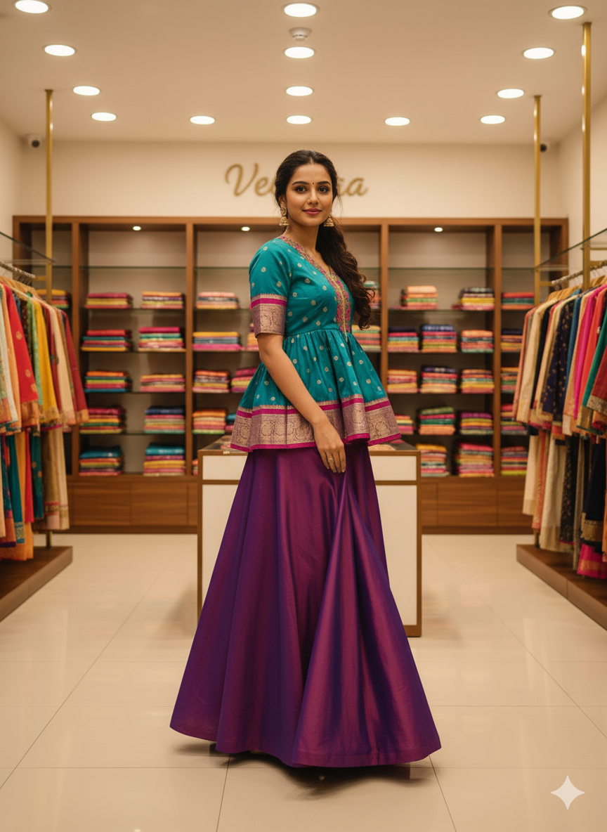 Teal & Purple Hand-Embellished Peplum Lehenga Set - TAILORJI boutique (PCMC, Pune)
