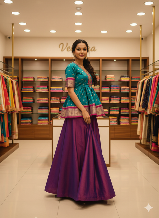 Teal & Purple Hand-Embellished Peplum Lehenga Set - TAILORJI boutique (PCMC, Pune)
