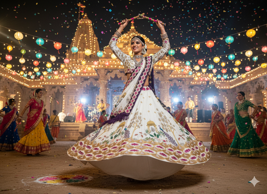 Premium Off-White Dandiya Dress with Majestic Architecture Embroidery