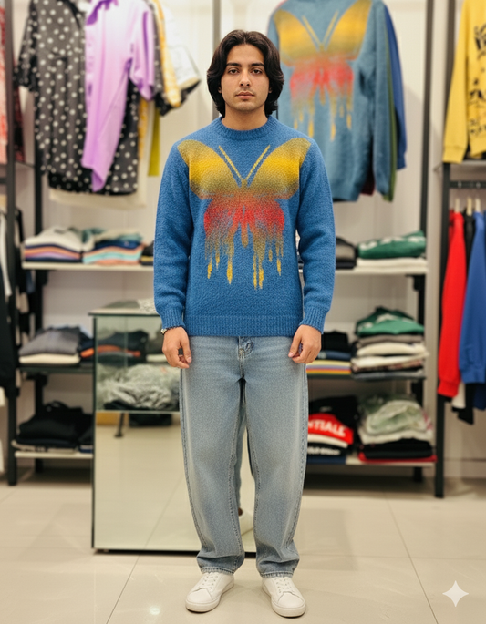 Blue Multicolor Graphic Knit Sweater - ARMAN CUSTOM WEAR (Dehu road, Pune)