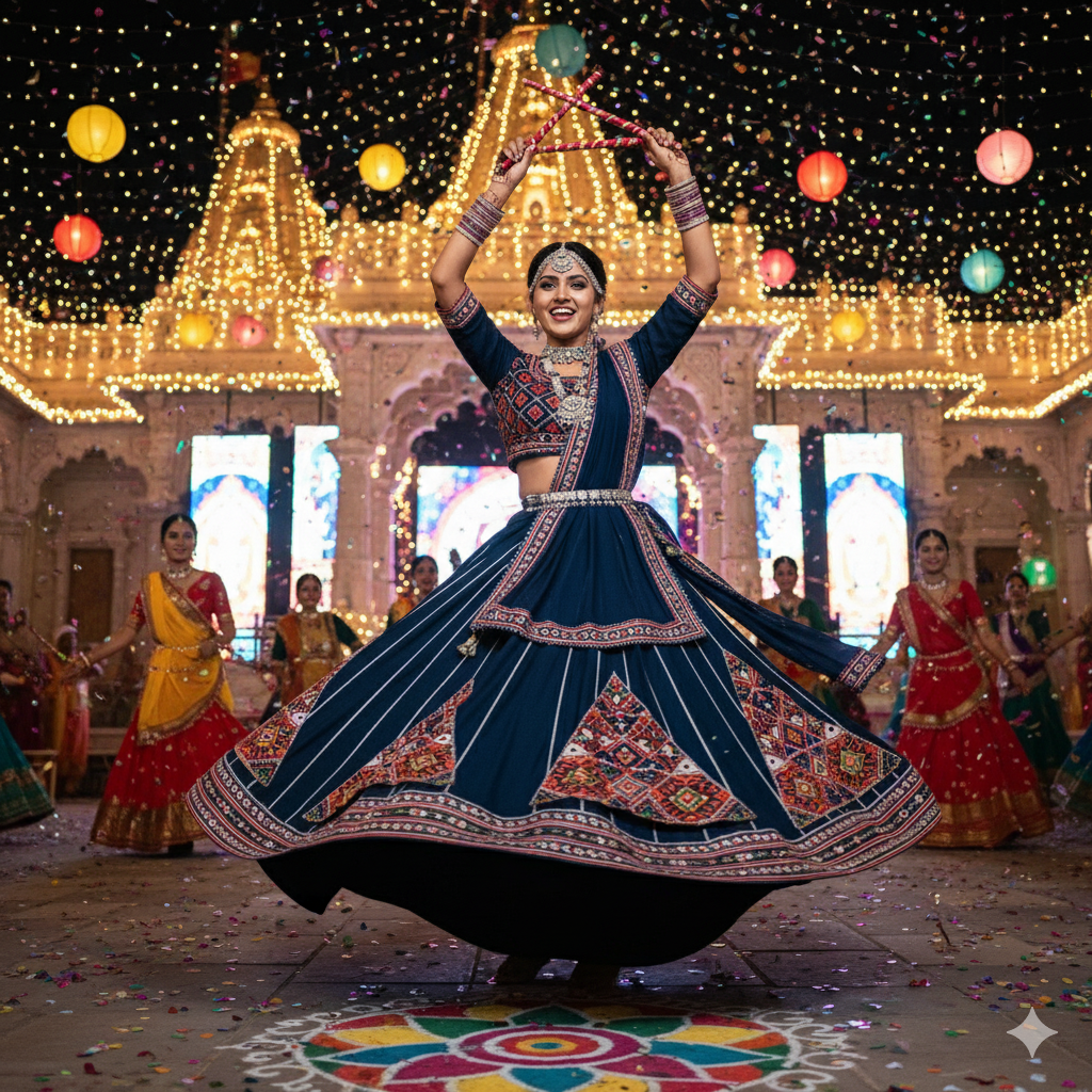 Royal Navy Blue Navratri Chaniya Choli with Traditional Gujarati Embroidery