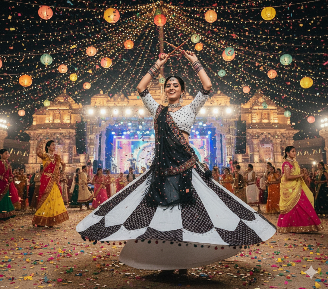 Classic Monochrome Garba Lehenga with Embroidered Border Work