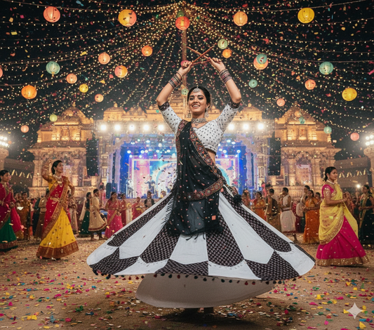 Classic Monochrome Garba Lehenga with Embroidered Border Work
