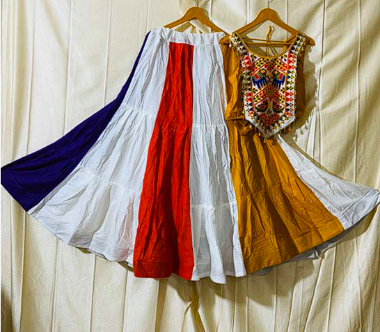 Rainbow Stripe Dandiya Dress with Folk Art Mirror Work