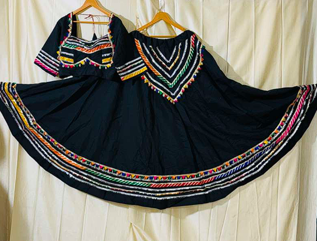 Classic Black Navratri Chaniya Choli with Vibrant Rainbow Striped Border